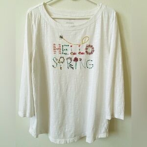 EUC Talbots White 'Hello Spring' Embroidered Long Sleeve Tee L